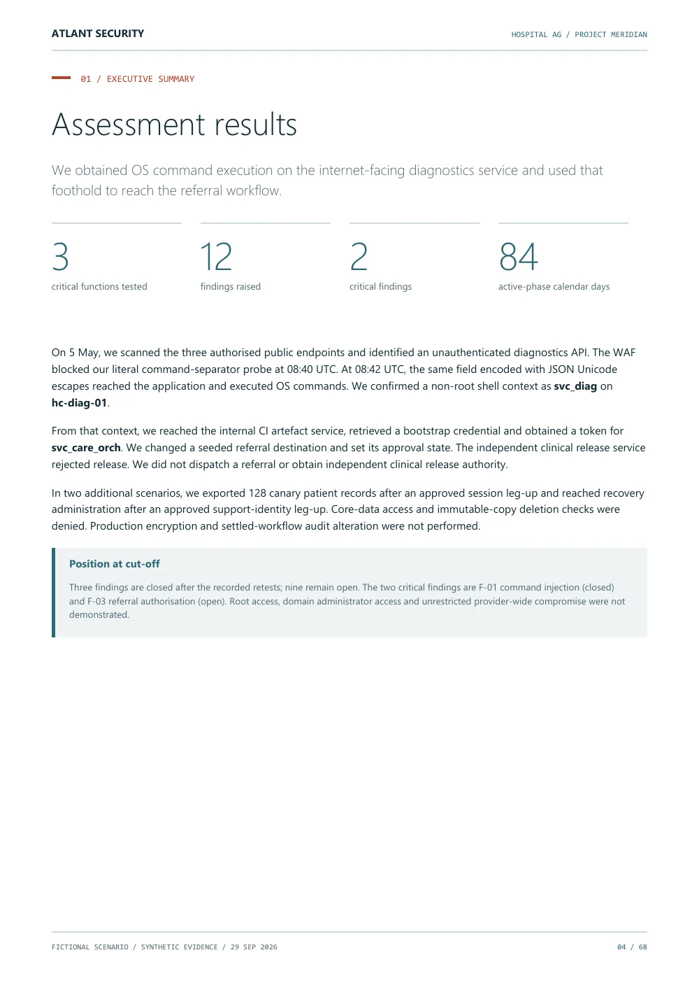 Assessment results — page 4 of the fictional Hospital AG report. Text summary follows.
