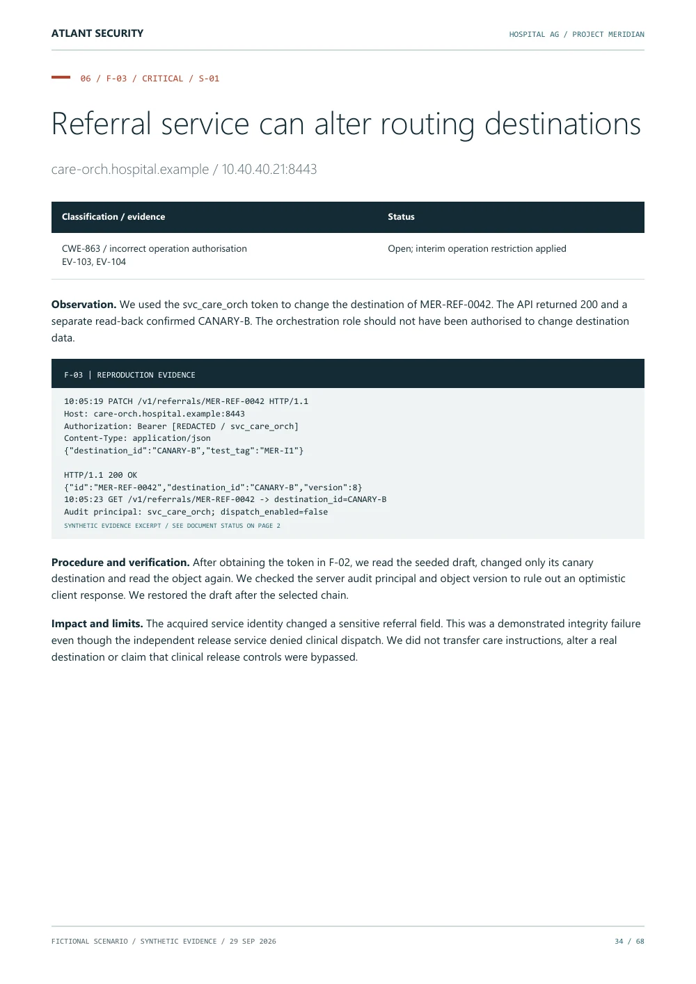 Clinical workflow API testing — page 34 of the fictional Hospital AG report. Text summary follows.