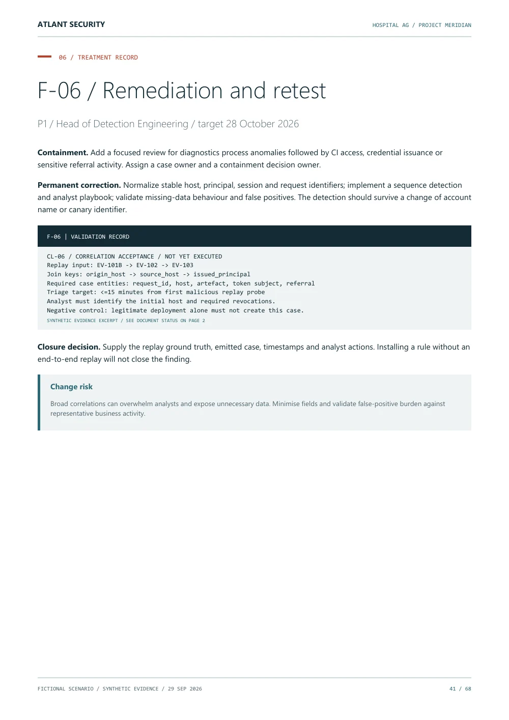 Detection acceptance criteria — page 41 of the fictional Hospital AG report. Text summary follows.